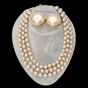 Vintage Richelleu Triple Strand Faux Pearl Necklace & Earring Set